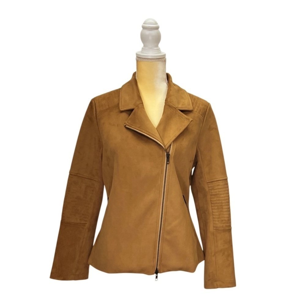 Betabrand Faux Suede Moto Jacket Size Medium Oak (Tan/Brown/Camel) Zip Front EUC